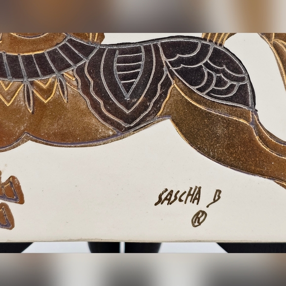 Sascha Brastoff Golden Gilt Gold Horse Ceramic Jewelry Trinket Box Tray Lid MCM - Picture 3 of 12